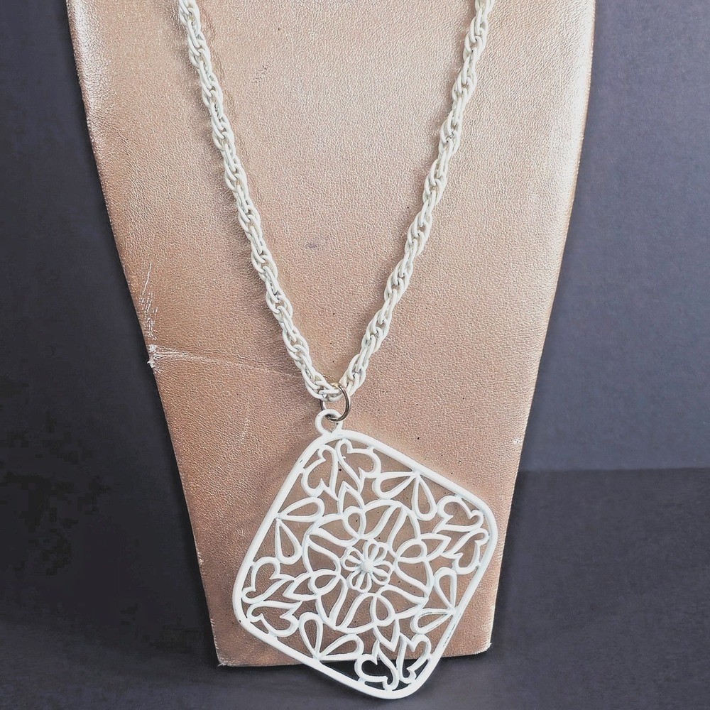 Vintage JJ White Enamel Filigree Floral Necklace JJ Cole Pendant White